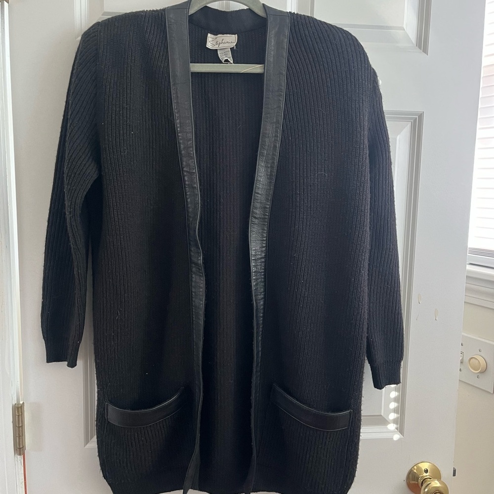 Vintage 80s Stephanie Leather Trim Wool Cardigan